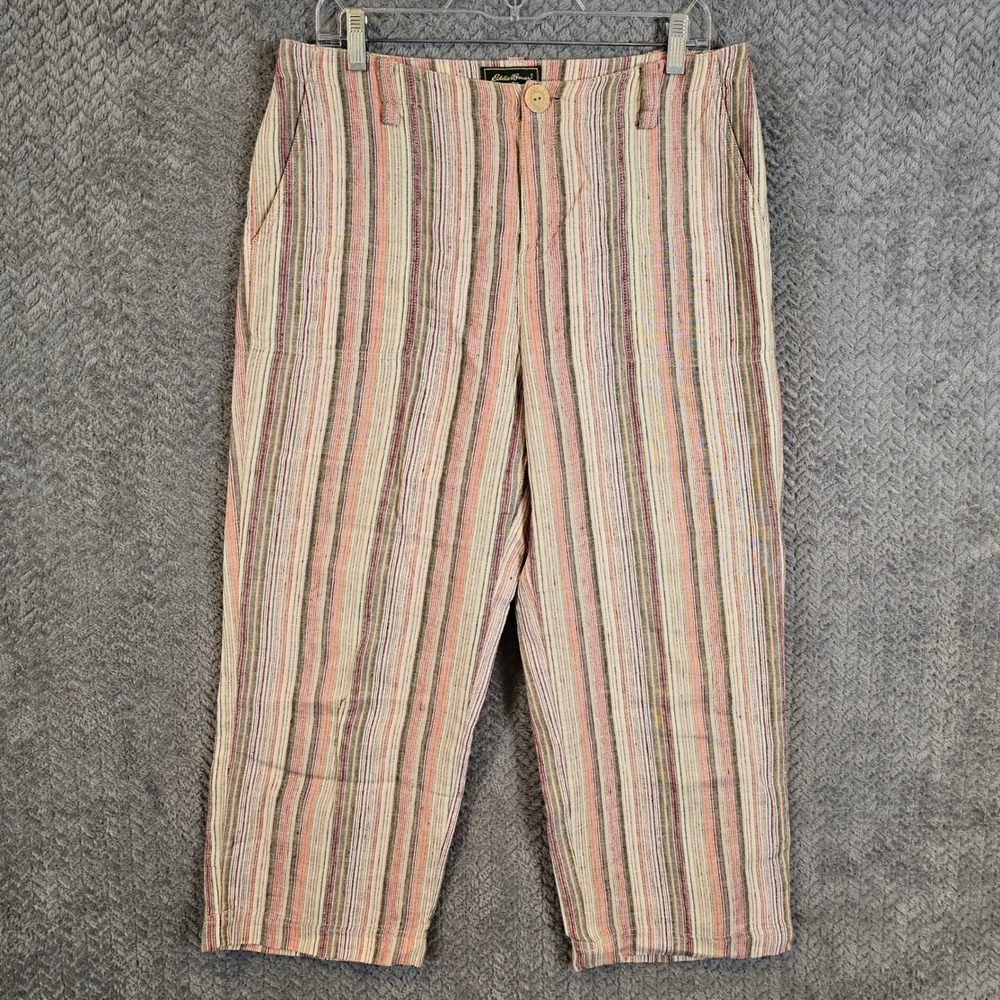 100% Linen Striped Cropped Pants Sz 10 Multi Color Breathable Boho Summer Preppy